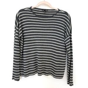 EILEEN FISHER Striped Merino Wool Tencel Top Gray Beige Pullover XS Minimalist